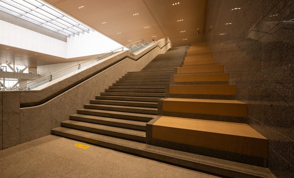A very long set of stairs in a building